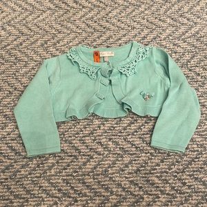 Mayoral Girls 6 Month turquoise cardigan shrug bolero. Lace detail. Rhinestone